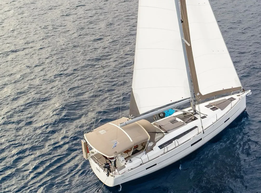 Exterior view of Silia, a Dufour 460 sailboat at Municipal Unit of Lefkada, Greece