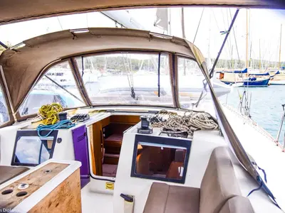 Cockpit of Silia, a Dufour 460 sailboat at Municipal Unit of Lefkada, Greece