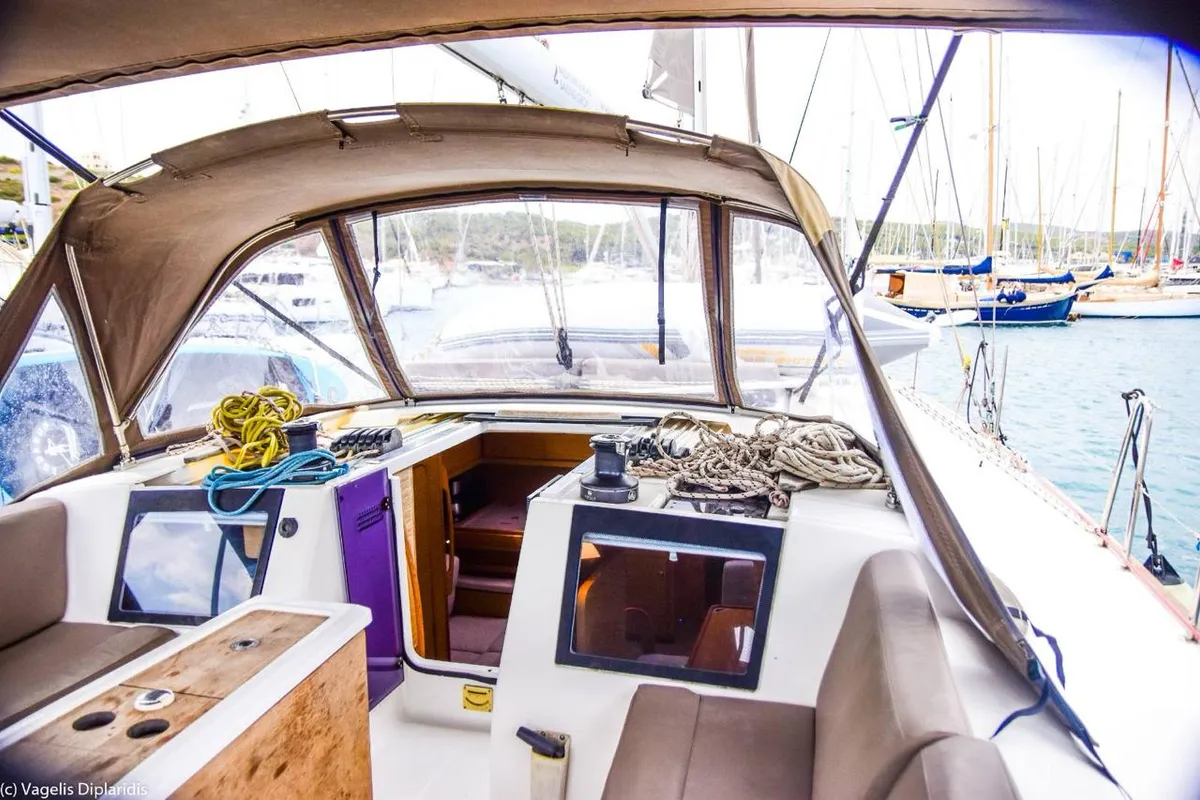 Cockpit of Silia, a Dufour 460 sailboat at Municipal Unit of Lefkada, Greece