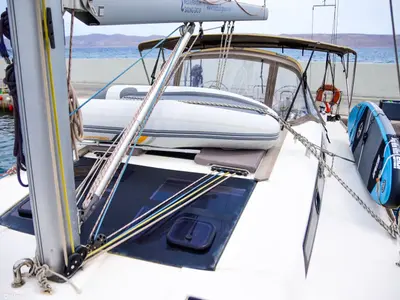 Deck of Silia, a Dufour 460 sailboat at Municipal Unit of Lefkada, Greece