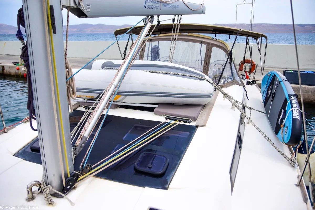 Deck of Silia, a Dufour 460 sailboat at Municipal Unit of Lefkada, Greece