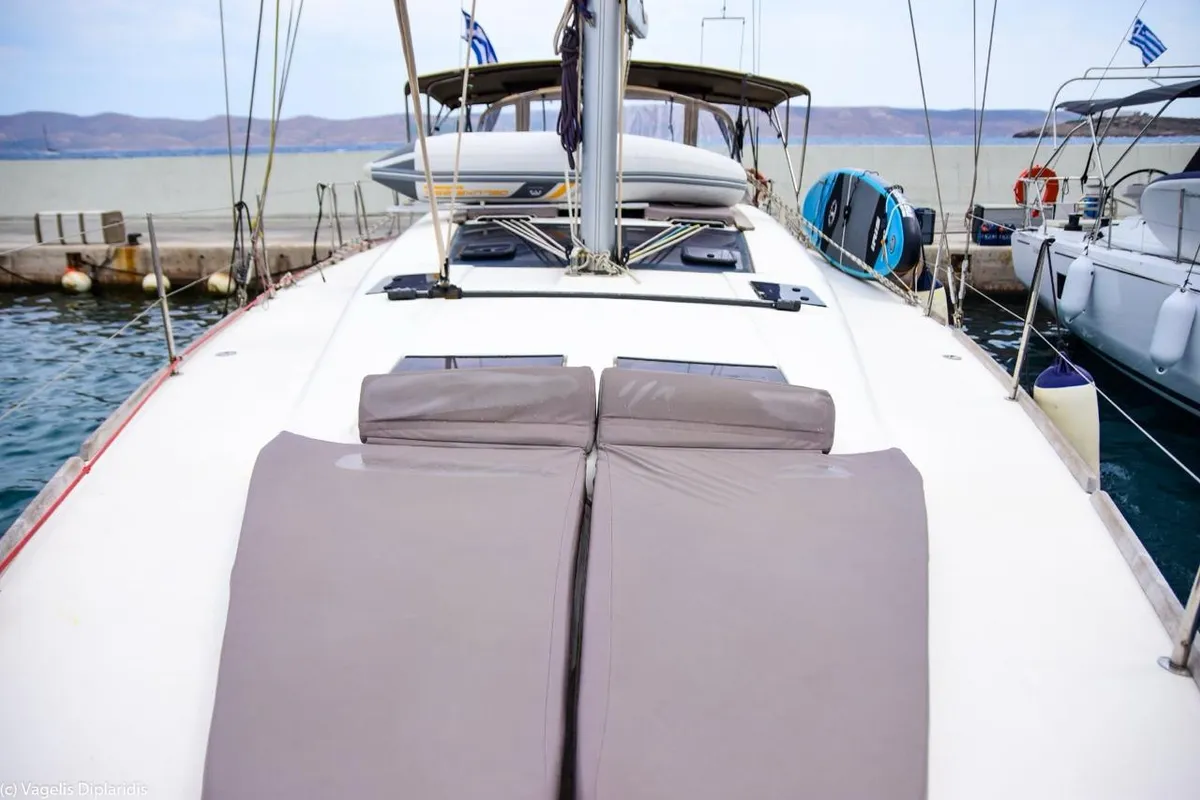 Deck of Silia, a Dufour 460 sailboat at Municipal Unit of Lefkada, Greece