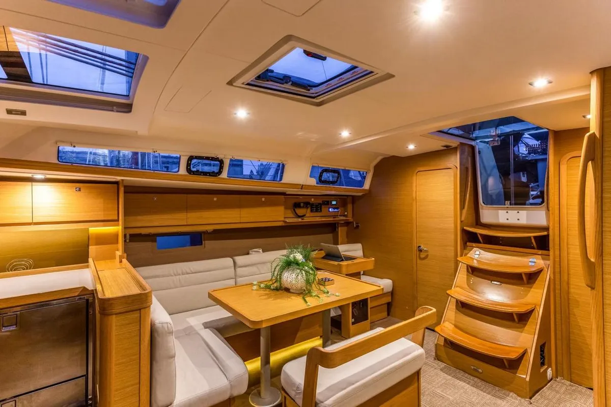 Salon of Silia, a Dufour 460 sailboat at Municipal Unit of Lefkada, Greece