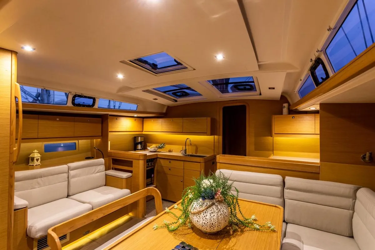 Salon of Silia, a Dufour 460 sailboat at Municipal Unit of Lefkada, Greece