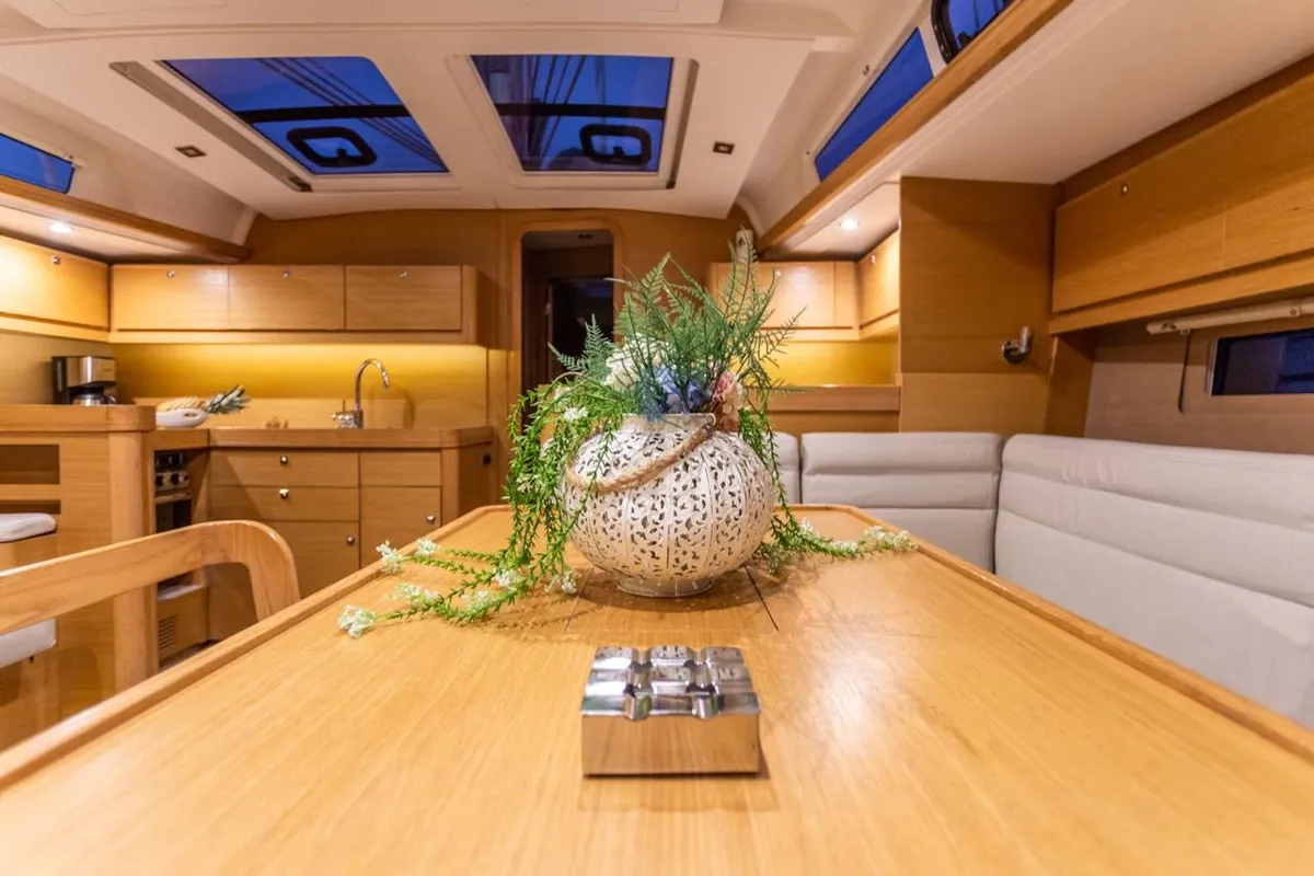 Salon of Silia, a Dufour 460 sailboat at Municipal Unit of Lefkada, Greece