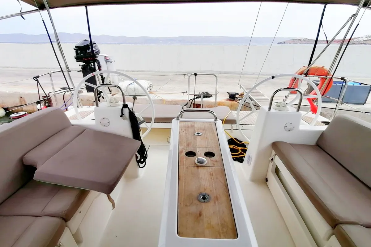 Cockpit of Silia, a Dufour 460 sailboat at Municipal Unit of Lefkada, Greece
