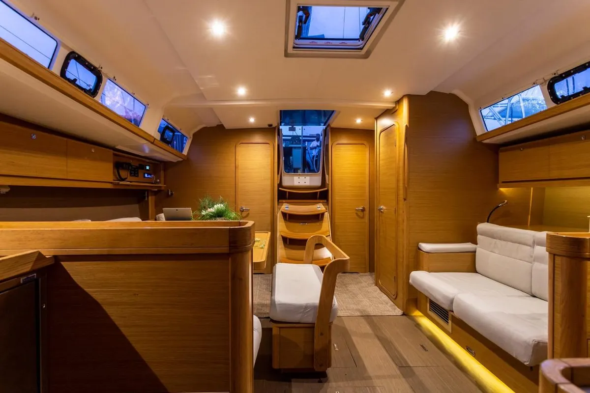 Salon of Silia, a Dufour 460 sailboat at Municipal Unit of Lefkada, Greece