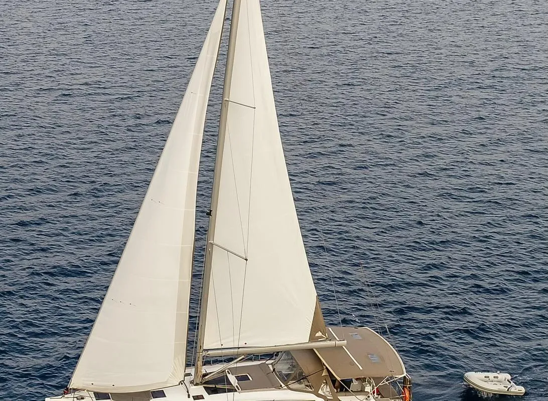 Exterior view of Silia, a Dufour 460 sailboat at Municipal Unit of Lefkada, Greece