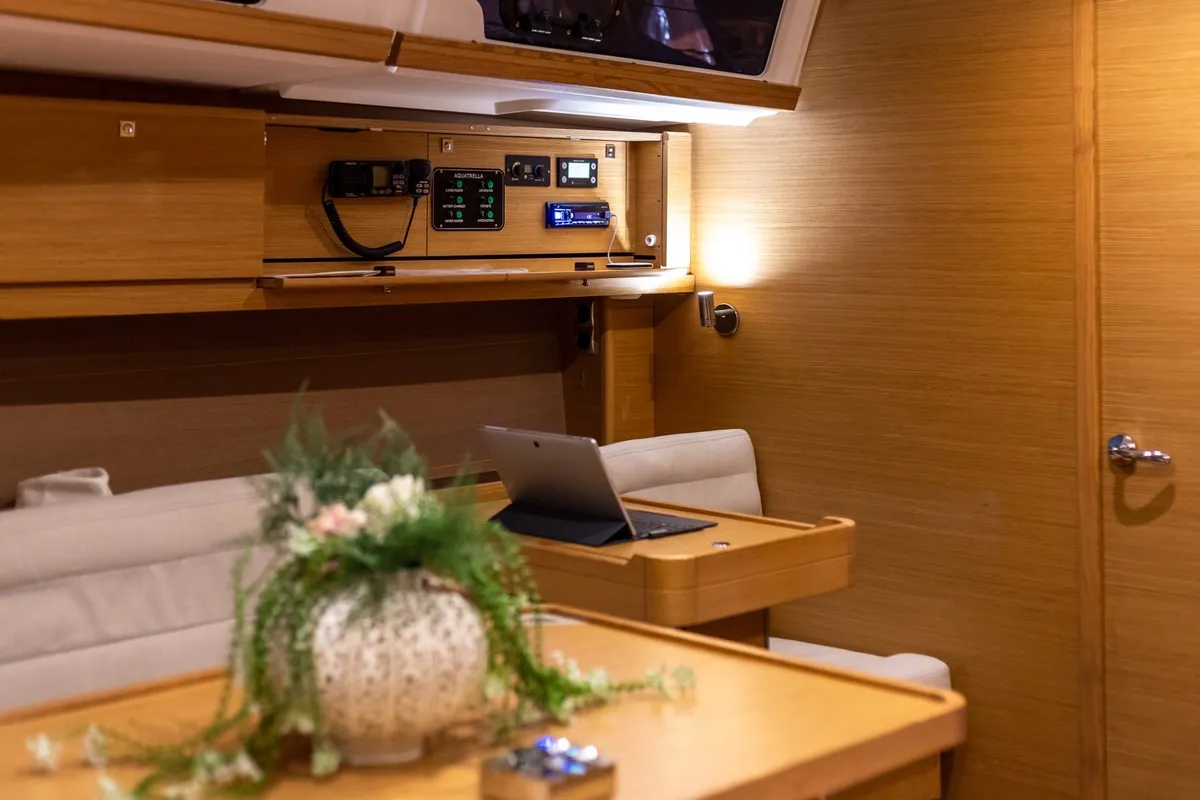 Salon of Silia, a Dufour 460 sailboat at Municipal Unit of Lefkada, Greece