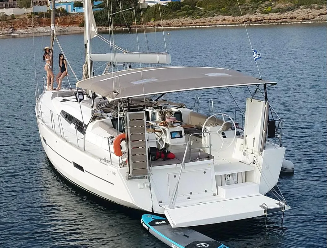 Exterior view of Silia, a Dufour 460 sailboat at Municipal Unit of Lefkada, Greece