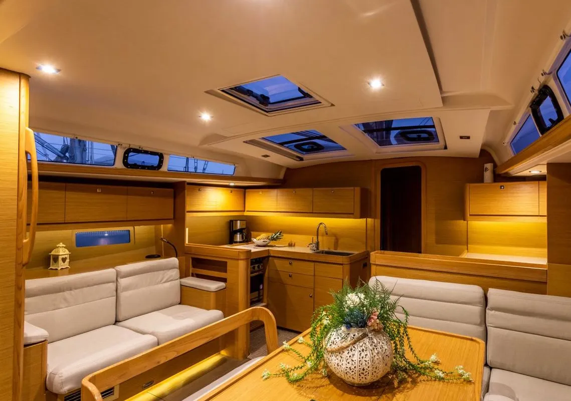 Salon of Silia, a Dufour 460 sailboat at Municipal Unit of Lefkada, Greece