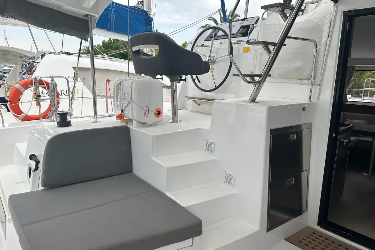 Cockpit of Meraki, a Lagoon 42 catamaran at Fethiye, Turkey