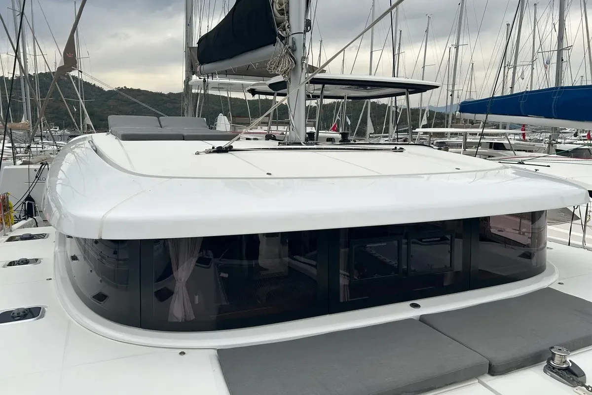 Deck of Meraki, a Lagoon 42 catamaran at Fethiye, Turkey