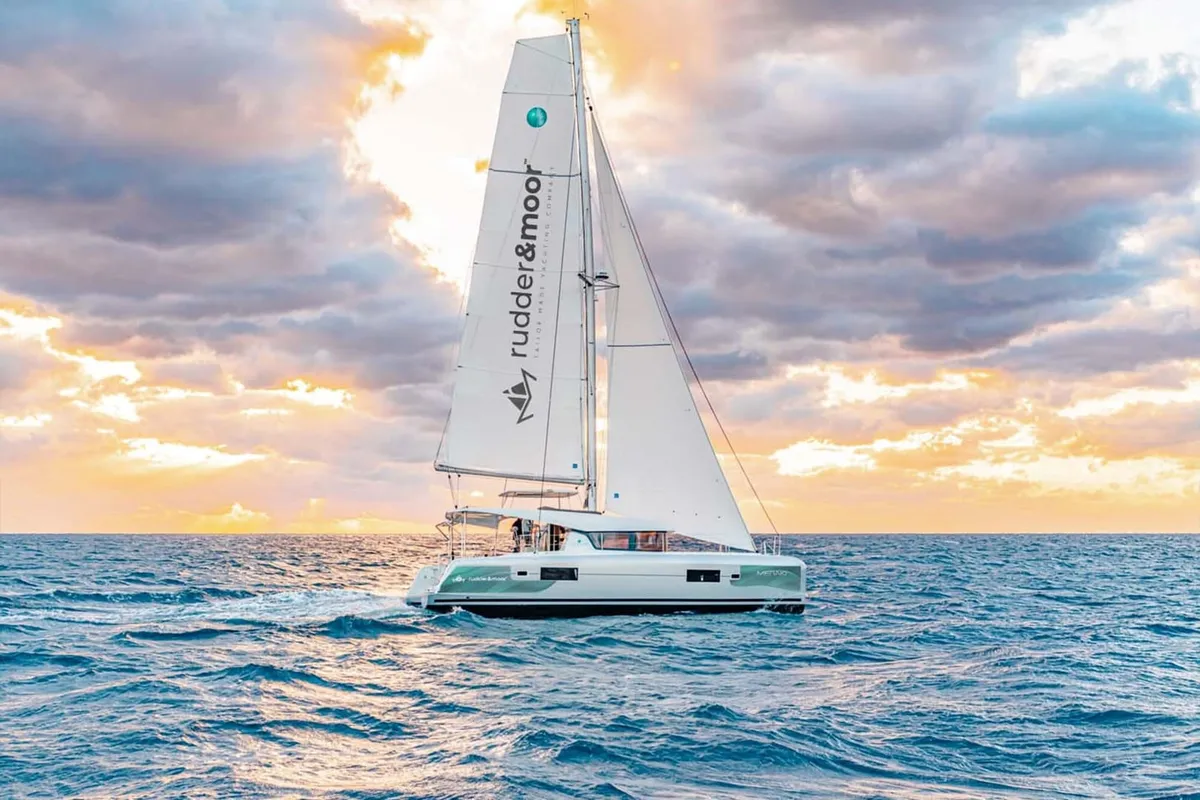 Exterior view of Meraki, a Lagoon 42 catamaran at Fethiye, Turkey