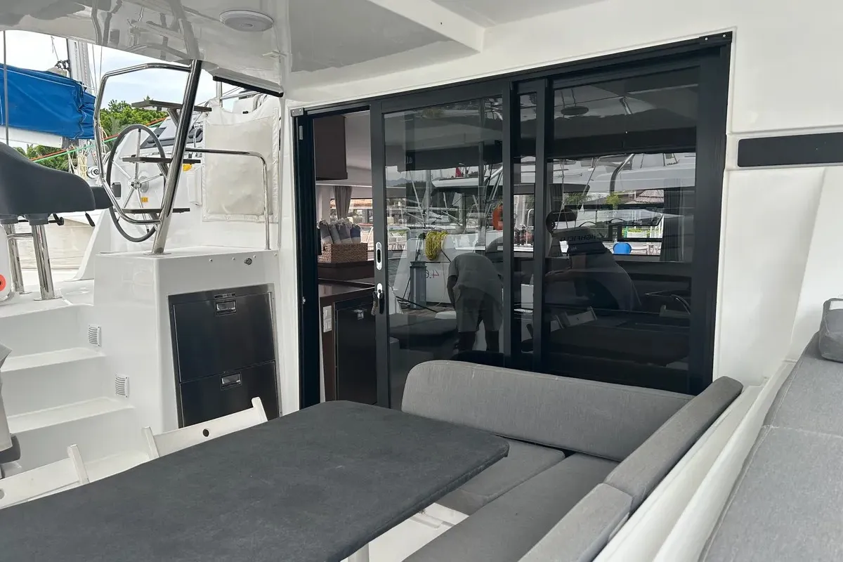 Deck of Meraki, a Lagoon 42 catamaran at Fethiye, Turkey
