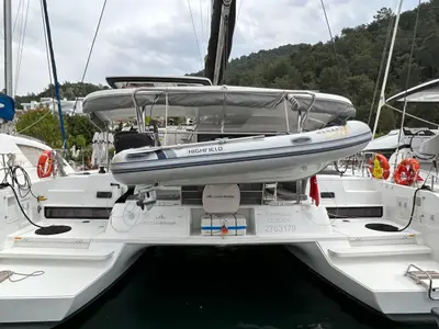 Deck of Meraki, a Lagoon 42 catamaran at Fethiye, Turkey