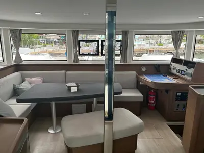 Salon of Meraki, a Lagoon 42 catamaran at Fethiye, Turkey