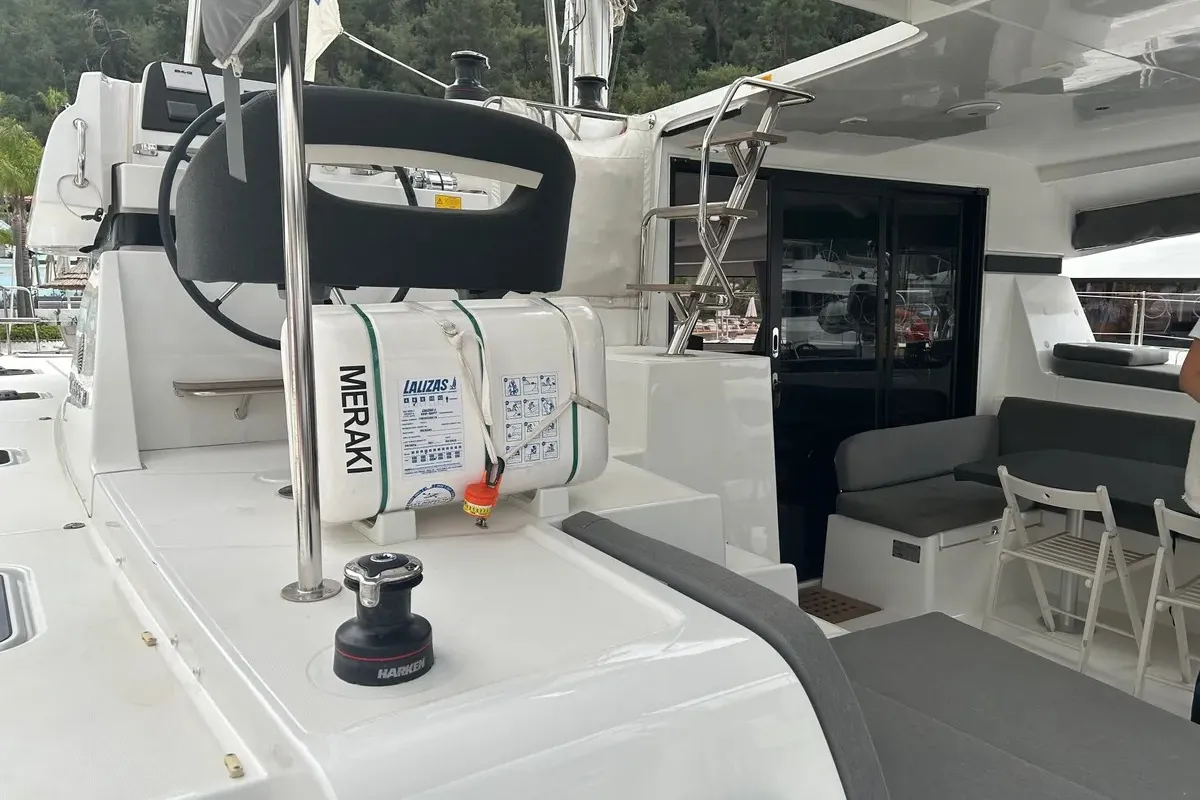 Cockpit of Meraki, a Lagoon 42 catamaran at Fethiye, Turkey