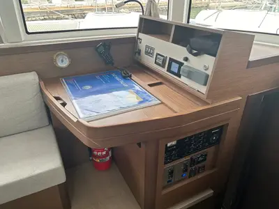 Cockpit of Meraki, a Lagoon 42 catamaran at Fethiye, Turkey