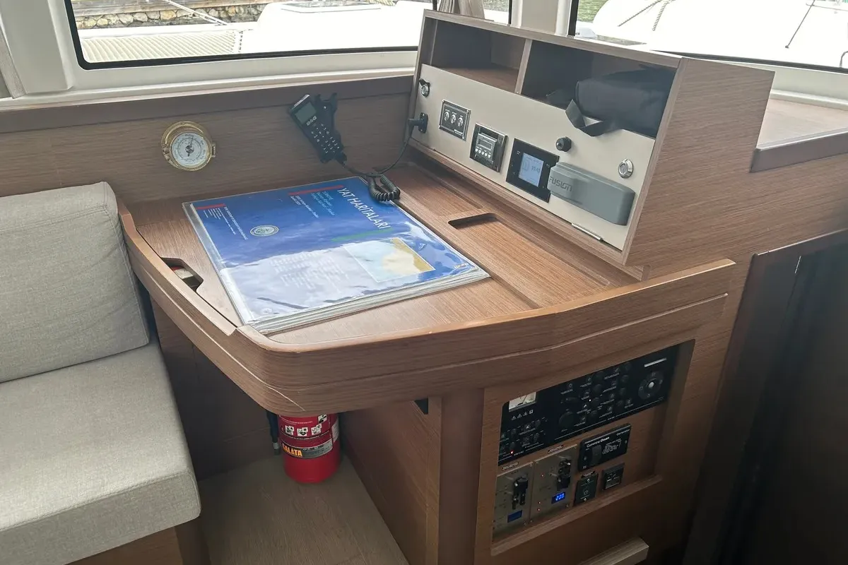 Cockpit of Meraki, a Lagoon 42 catamaran at Fethiye, Turkey