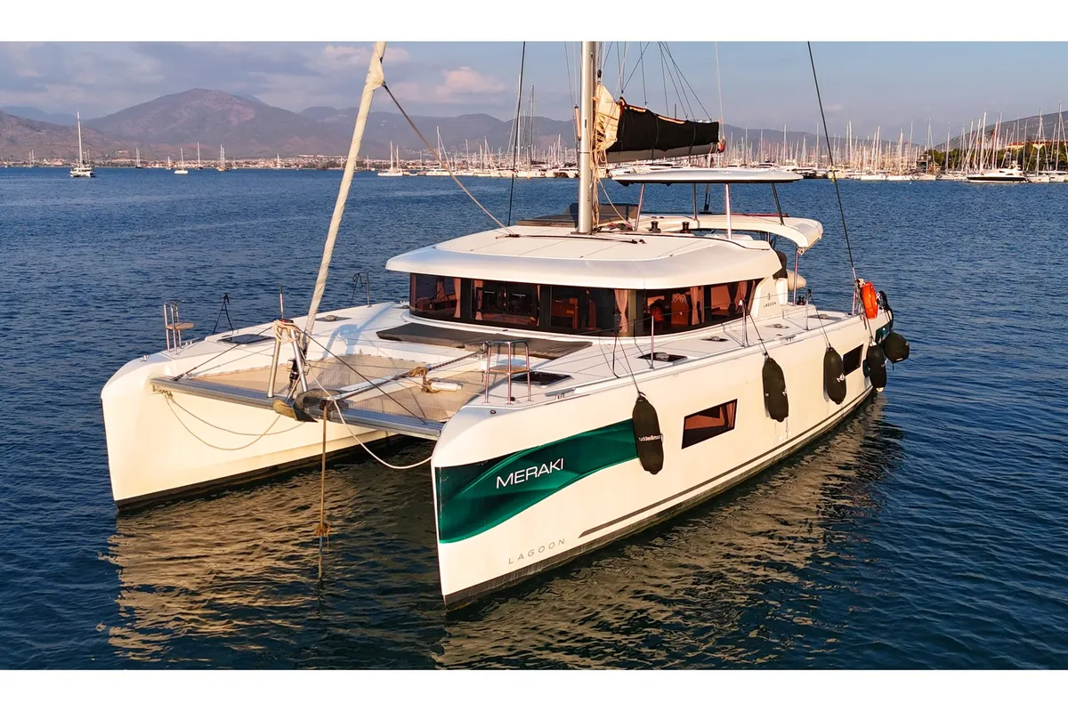 Exterior view of Meraki, a Lagoon 42 catamaran at Fethiye, Turkey