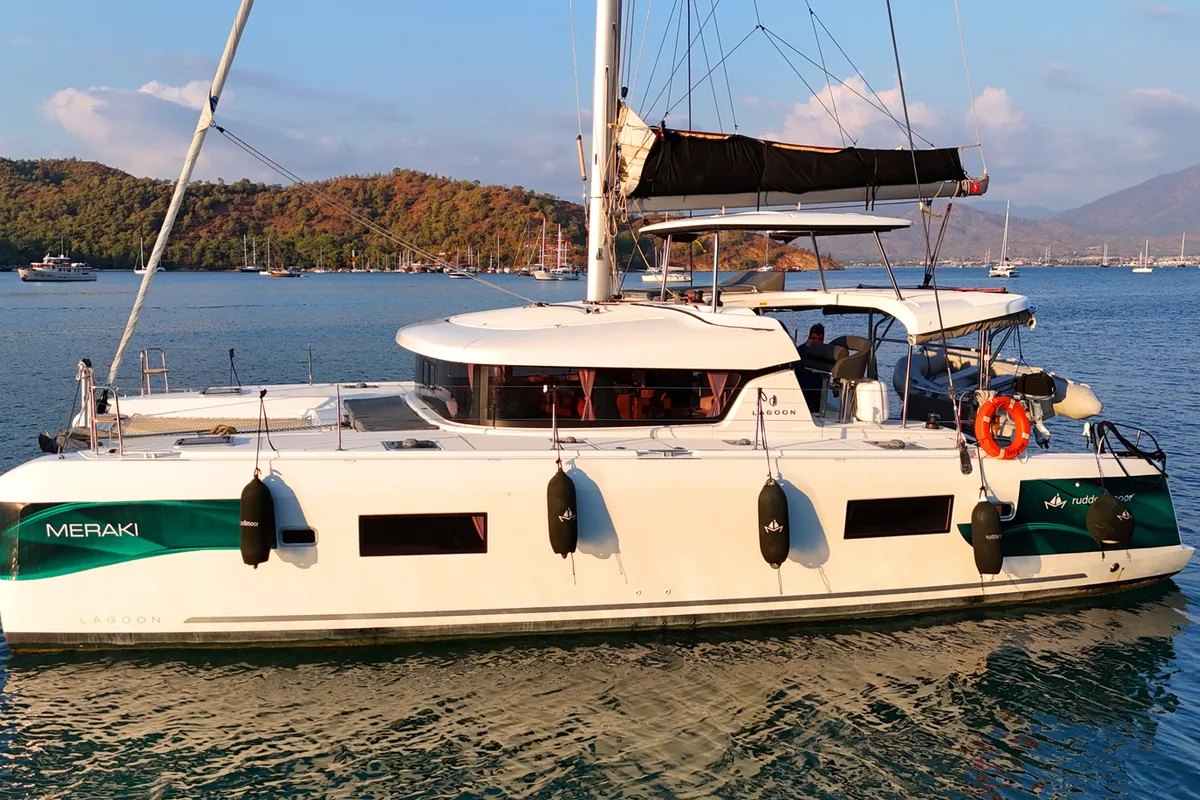 Exterior view of Meraki, a Lagoon 42 catamaran at Fethiye, Turkey