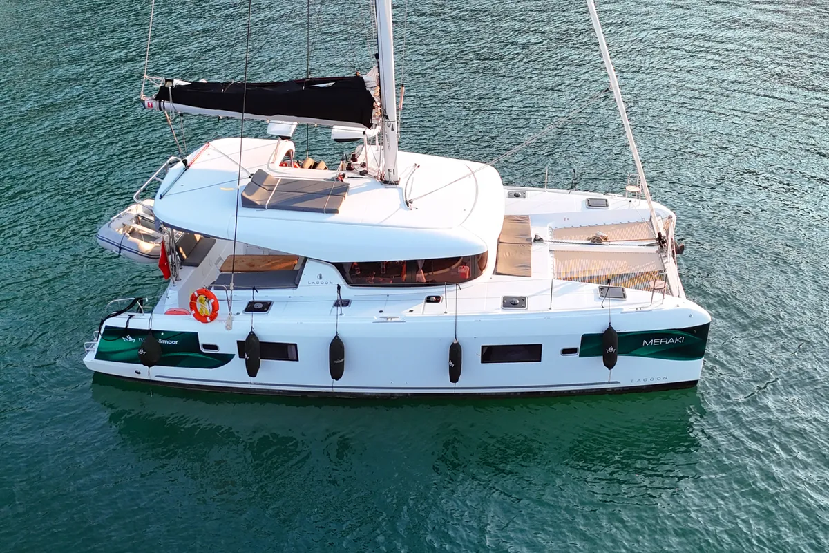 Exterior view of Meraki, a Lagoon 42 catamaran at Fethiye, Turkey