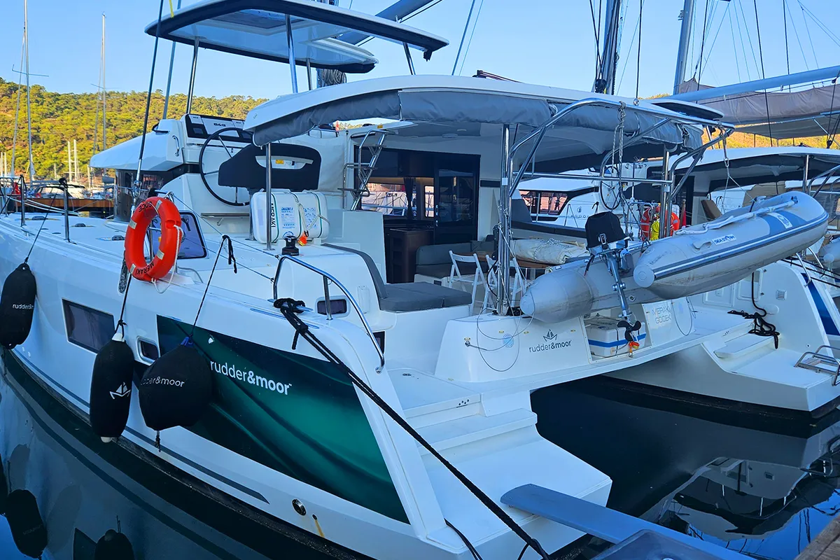Exterior view of Meraki, a Lagoon 42 catamaran at Fethiye, Turkey