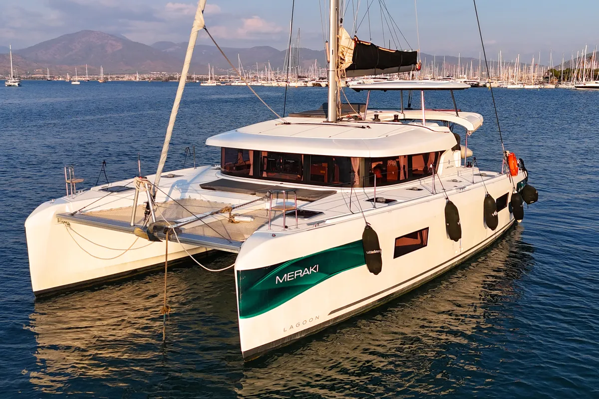 Exterior view of Meraki, a Lagoon 42 catamaran at Fethiye, Turkey
