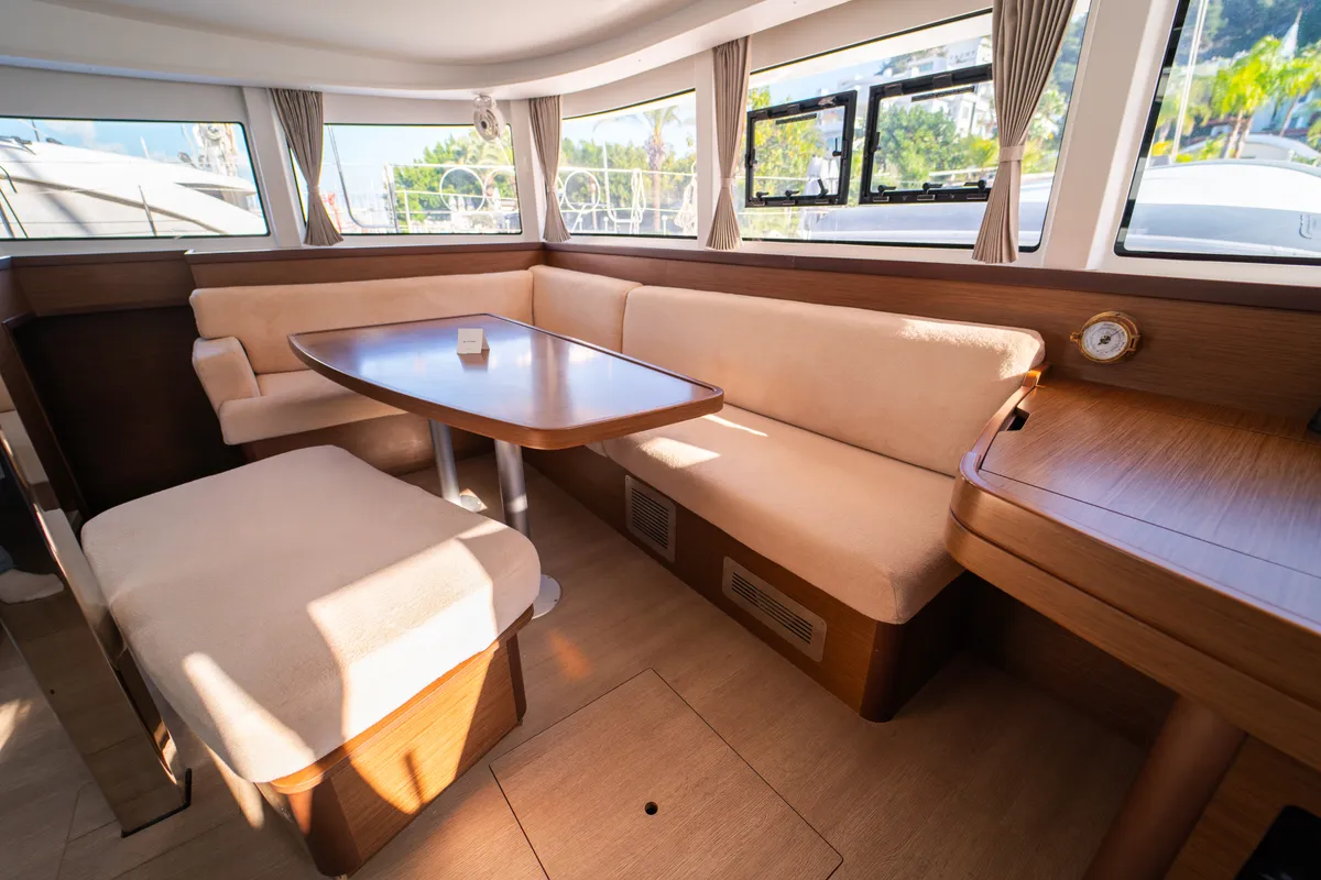 Salon of Meraki, a Lagoon 42 catamaran at Fethiye, Turkey