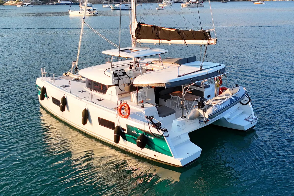 Exterior view of Meraki, a Lagoon 42 catamaran at Fethiye, Turkey