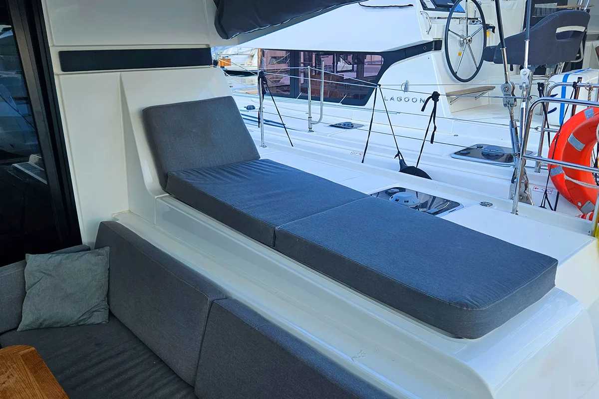 Deck of Meraki, a Lagoon 42 catamaran at Fethiye, Turkey