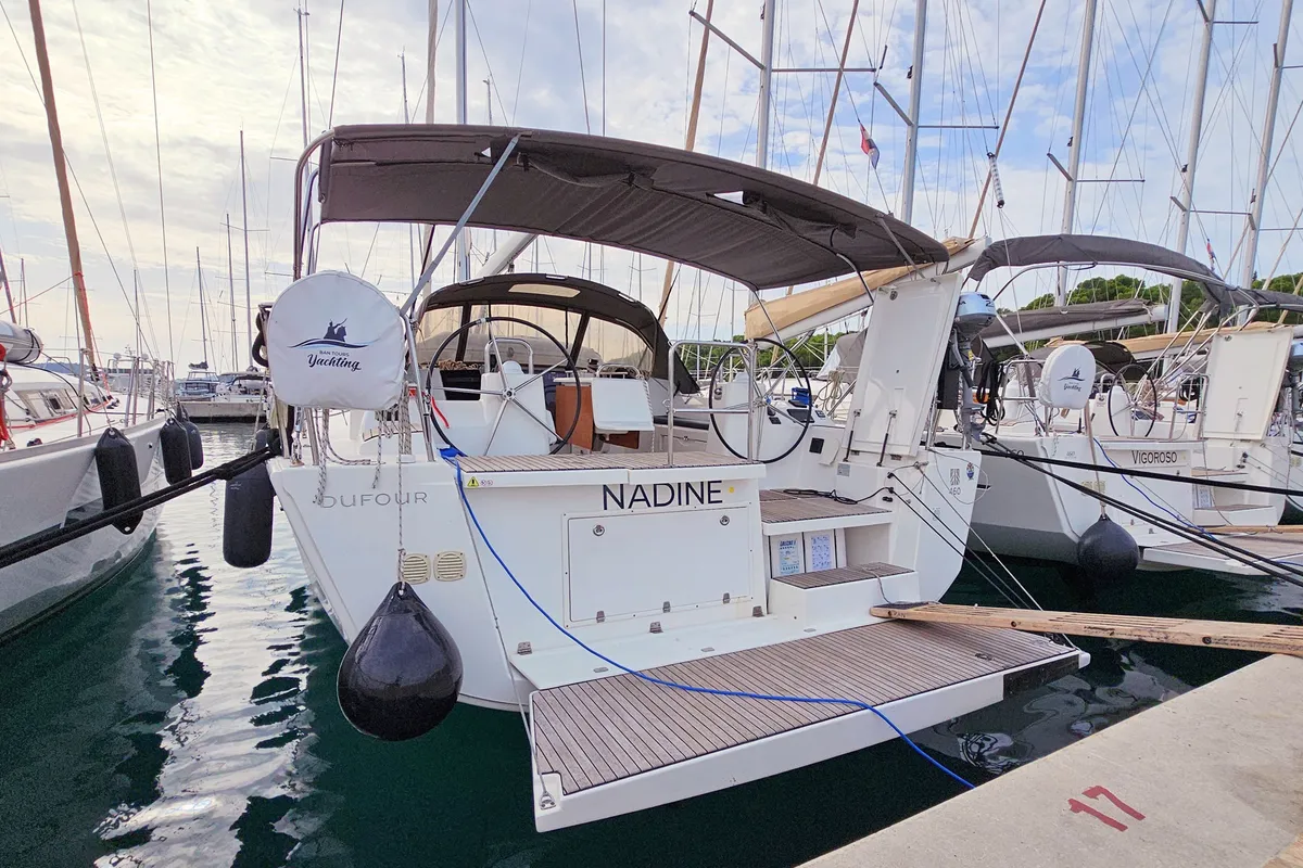 Exterior view of Nadine, a Dufour 460 GL sailboat at Rogoznica, Croatia