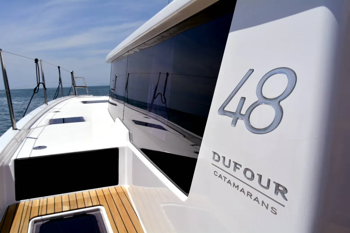 Exterior view of Amelie, a Dufour Catamaran 48 catamaran at Cecina, Italy