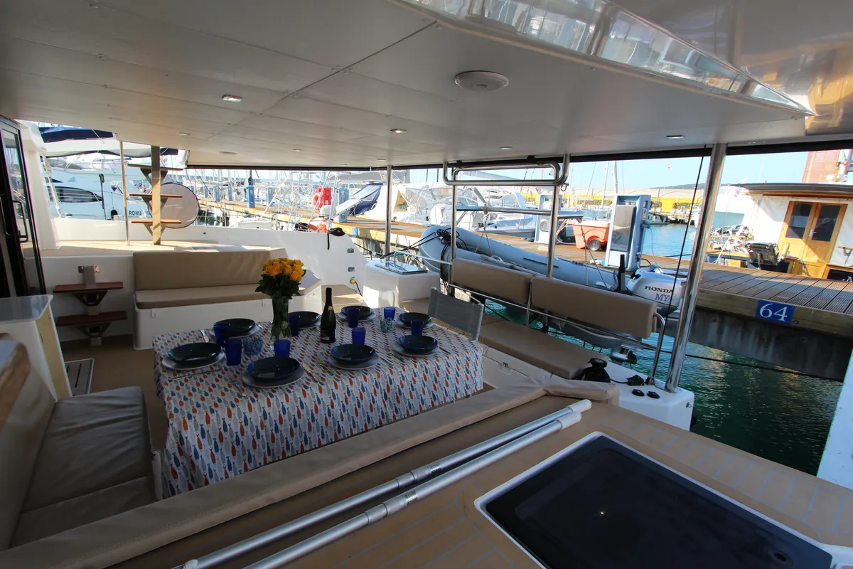 Deck of Amelie, a Dufour Catamaran 48 catamaran at Cecina, Italy