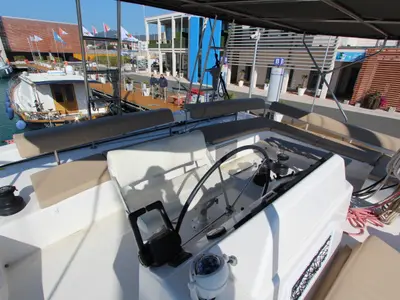 Cockpit of Amelie, a Dufour Catamaran 48 catamaran at Cecina, Italy