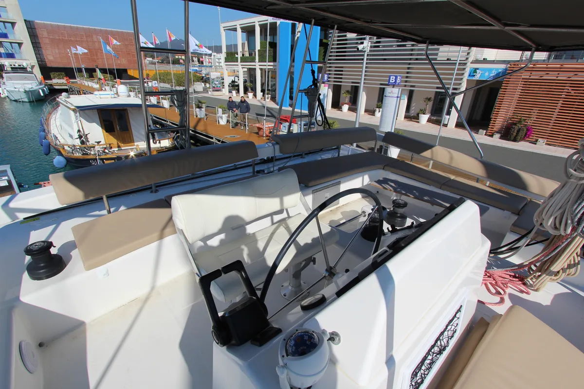 Cockpit of Amelie, a Dufour Catamaran 48 catamaran at Cecina, Italy