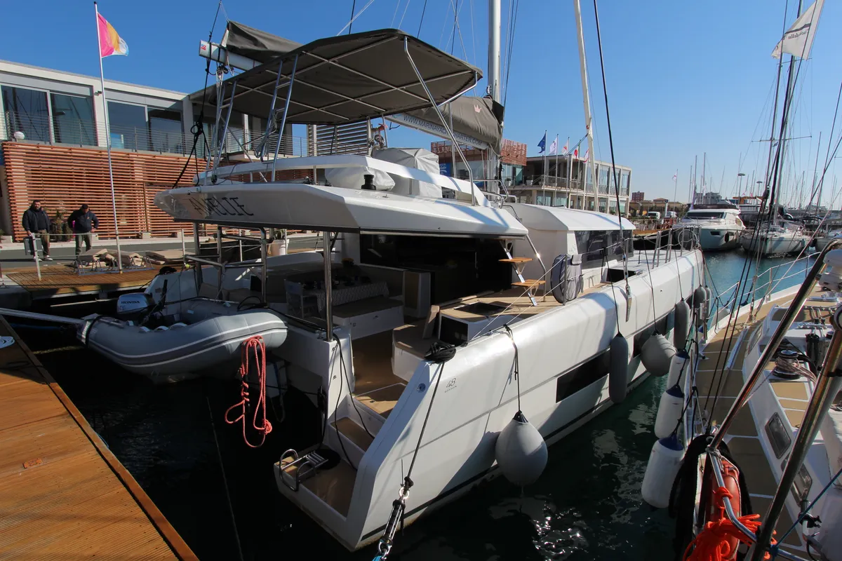 Exterior view of Amelie, a Dufour Catamaran 48 catamaran at Cecina, Italy