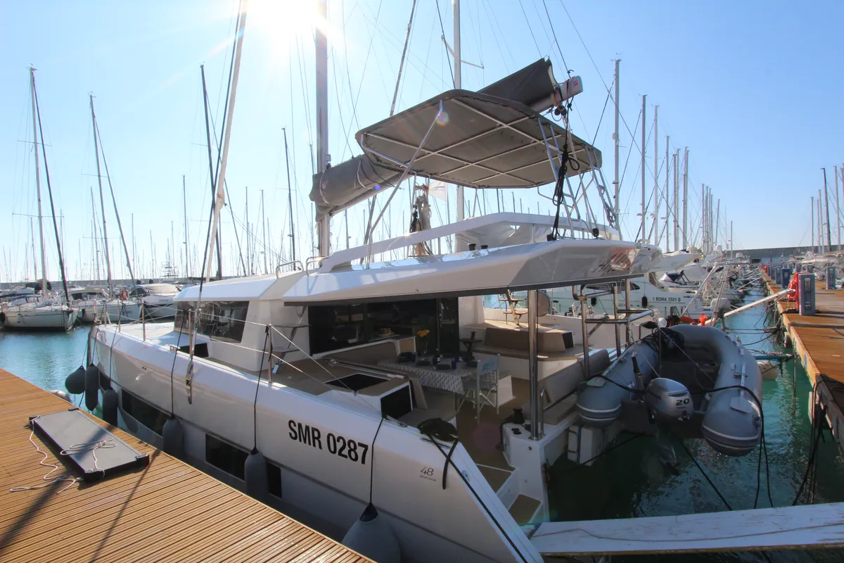 Exterior view of Amelie, a Dufour Catamaran 48 catamaran at Cecina, Italy