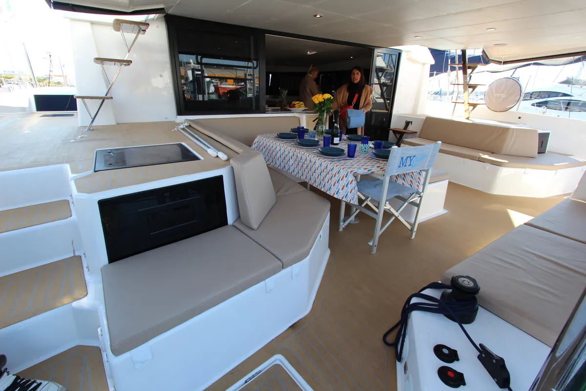 Deck of Amelie, a Dufour Catamaran 48 catamaran at Cecina, Italy