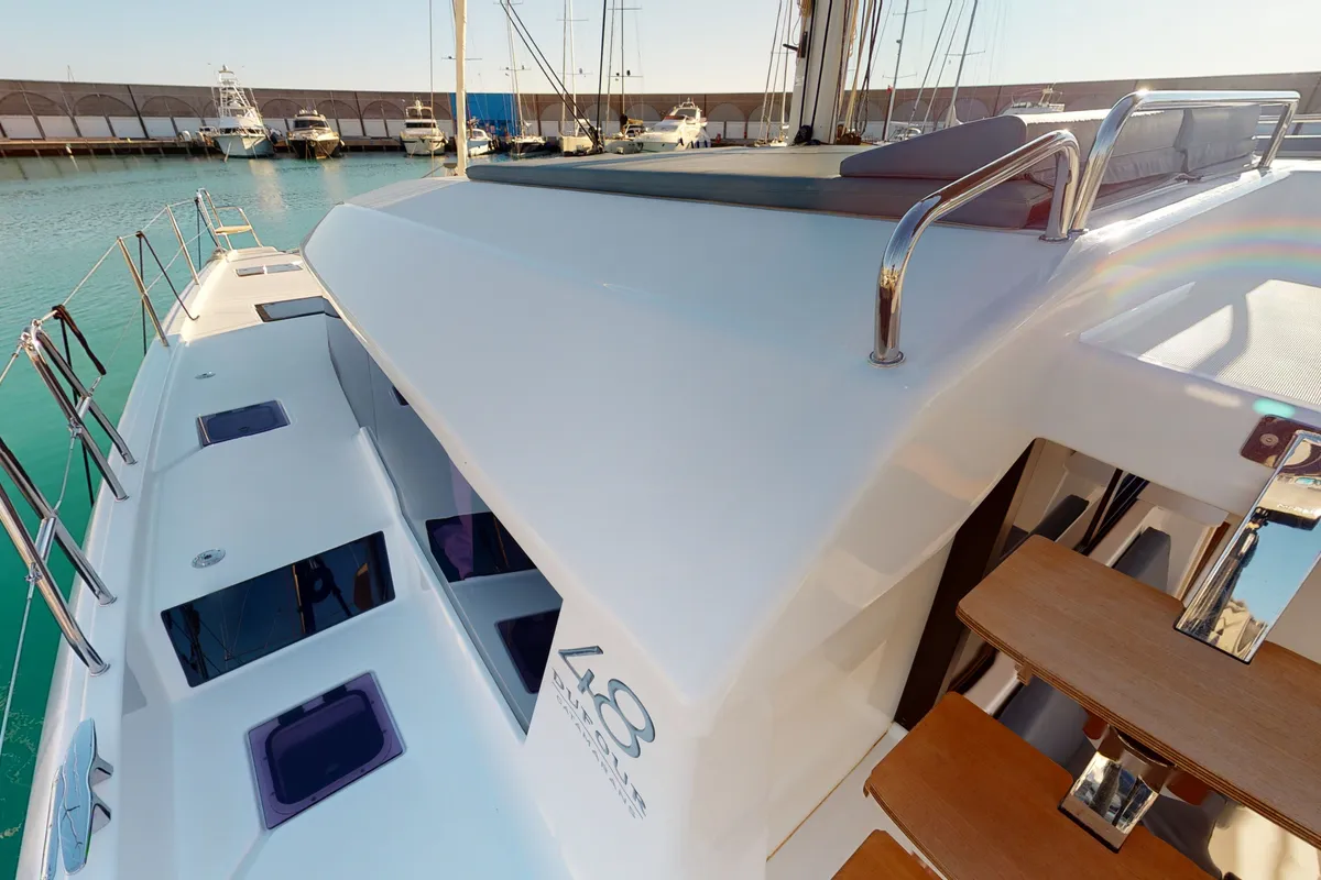 Deck of Amelie, a Dufour Catamaran 48 catamaran at Cecina, Italy