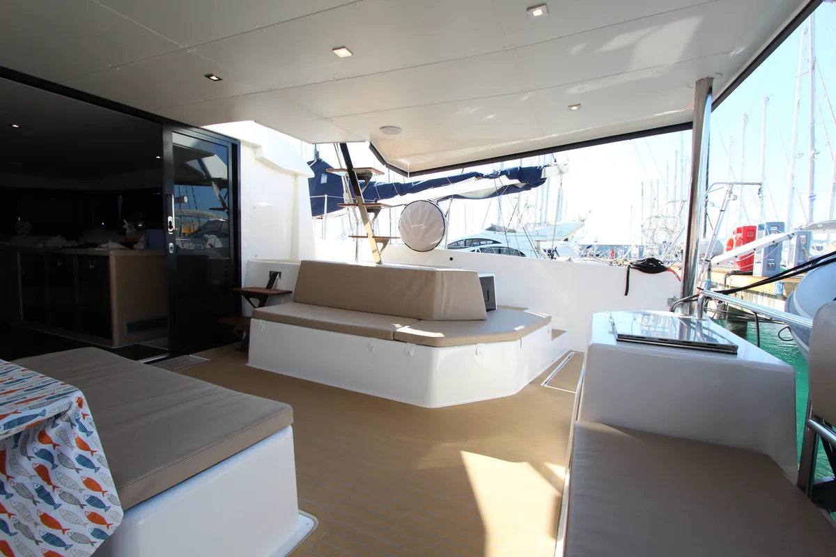 Deck of Amelie, a Dufour Catamaran 48 catamaran at Cecina, Italy