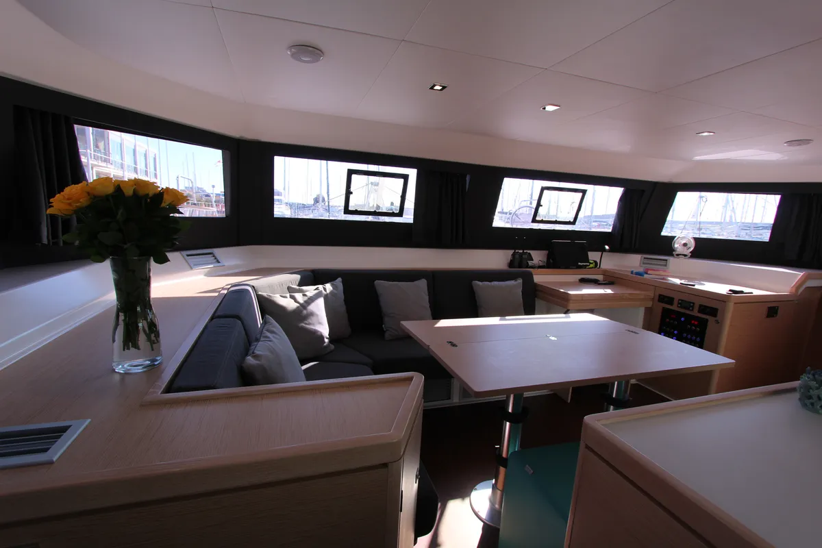 Salon of Amelie, a Dufour Catamaran 48 catamaran at Cecina, Italy