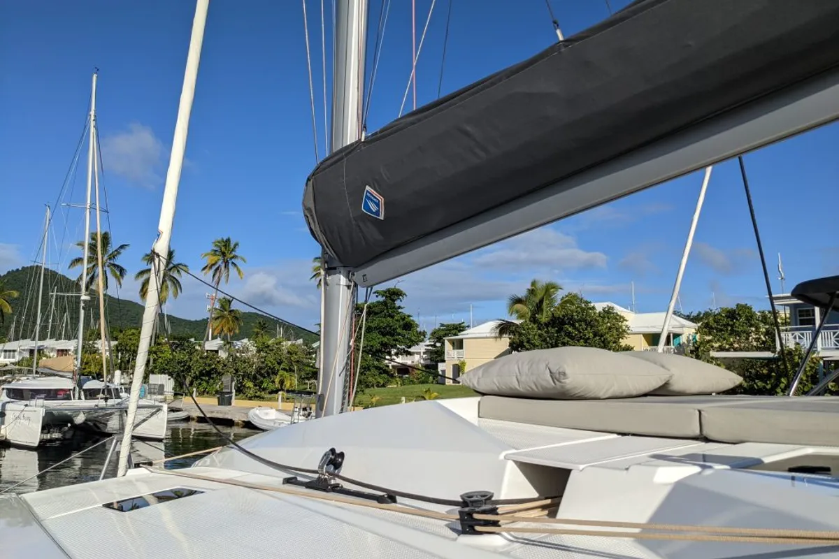 Deck of Free To Be, a Fountaine Pajot Elba 45 catamaran at Road Town, British Virgin Islands