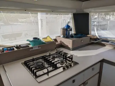 Galley of Free To Be, a Fountaine Pajot Elba 45 catamaran at Road Town, British Virgin Islands