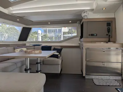 Salon of Free To Be, a Fountaine Pajot Elba 45 catamaran at Road Town, British Virgin Islands