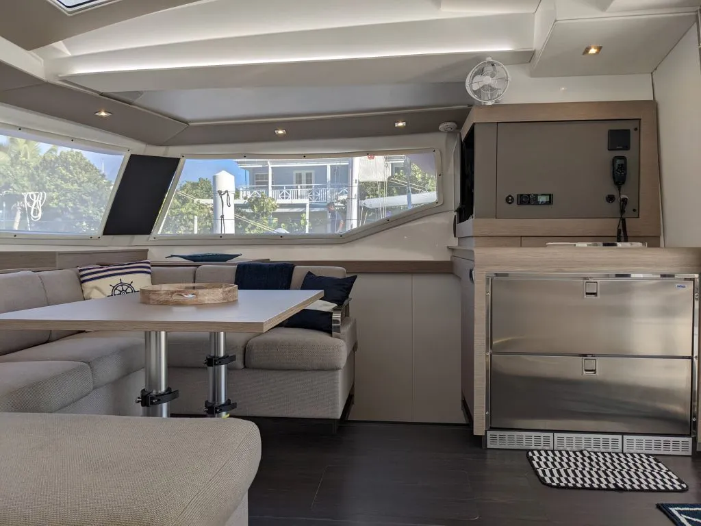 Salon of Free To Be, a Fountaine Pajot Elba 45 catamaran at Road Town, British Virgin Islands