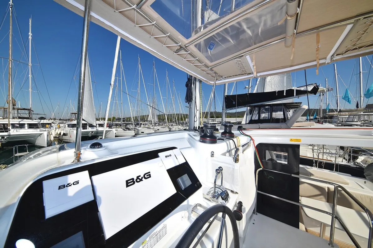 Cockpit of Cuzamen, a Lagoon 42 catamaran at Sukošan, Croatia