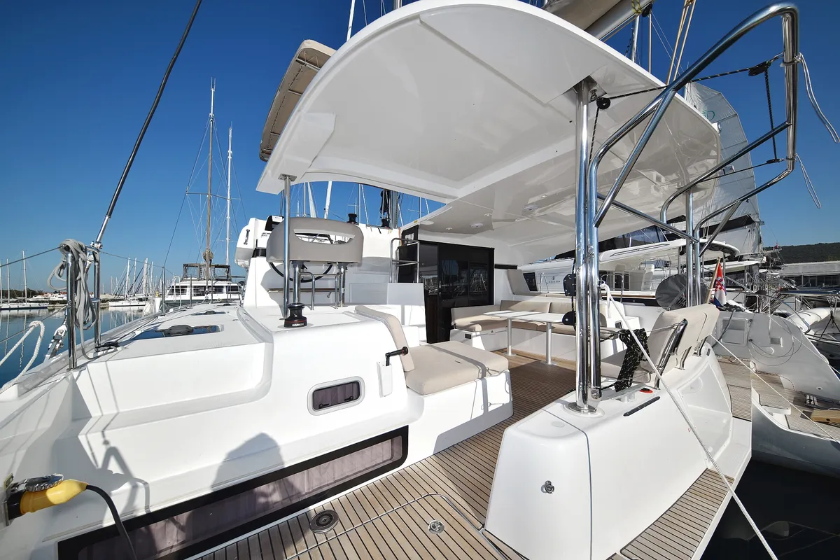 Cockpit of Cuzamen, a Lagoon 42 catamaran at Sukošan, Croatia
