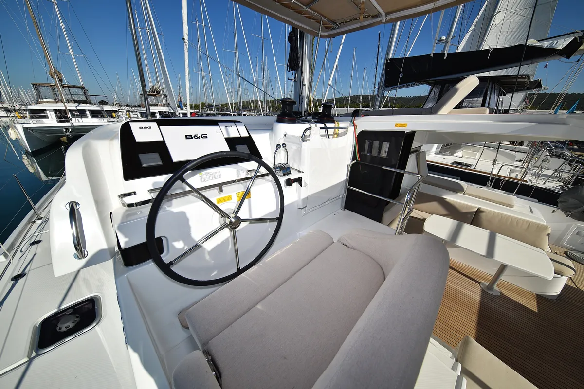 Cockpit of Cuzamen, a Lagoon 42 catamaran at Sukošan, Croatia